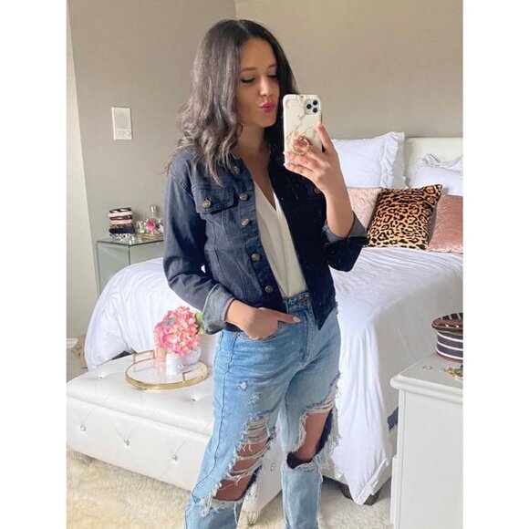 Women's Button Down Stretch Fitted Long Sleeves Denim Jean Jacket Vintage Black - Picture 2 of 9